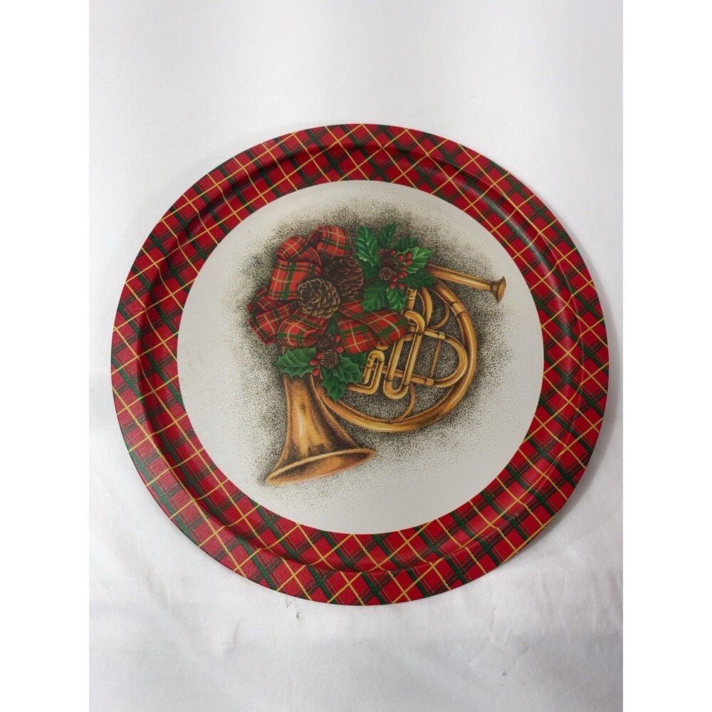 Round Metal Christmas Santa Claus Serving Tray, Glossy White Red Green Vintage